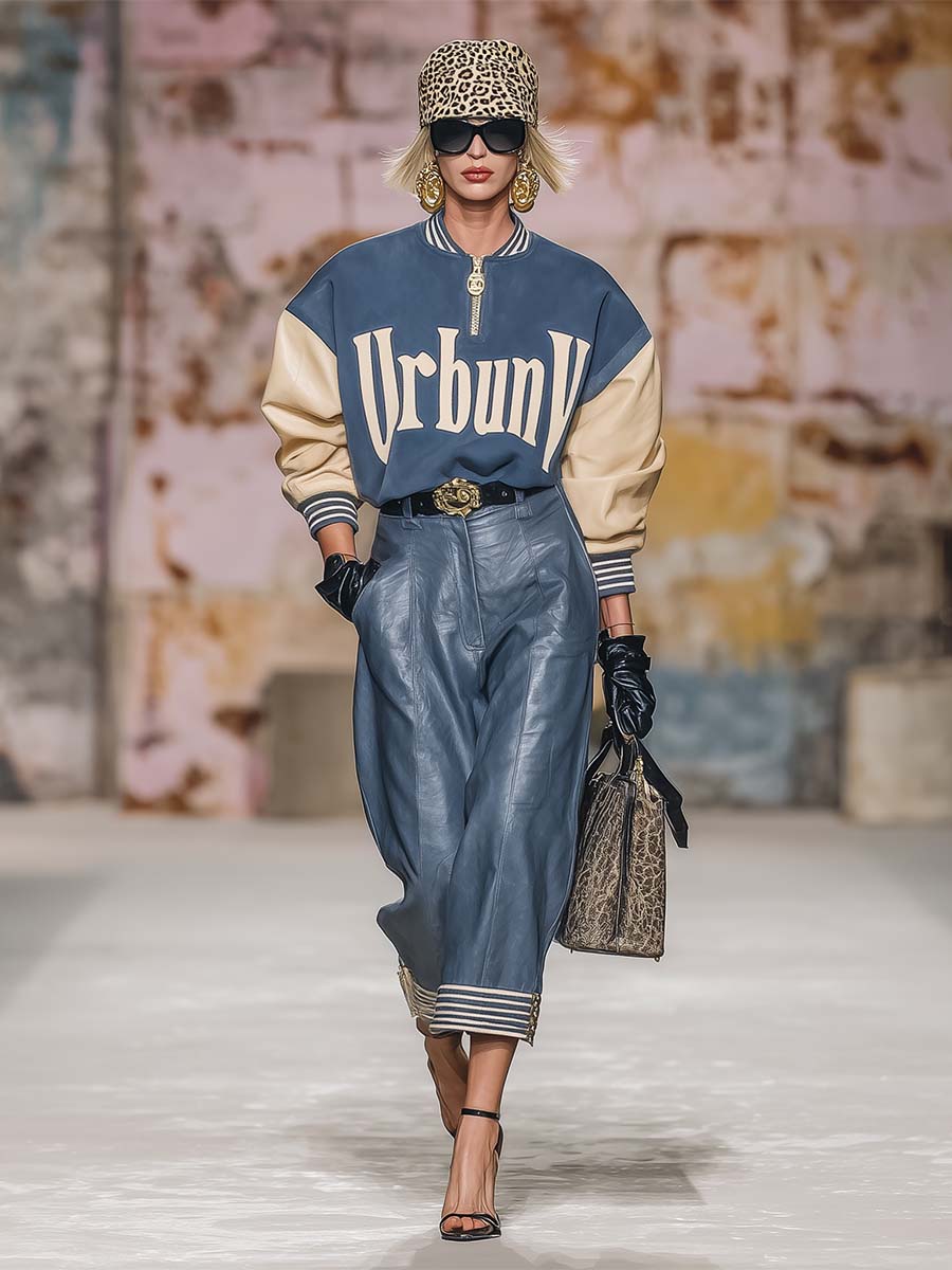 Versatile Retro Fashion Contrast Striped Hem Blue Leather Cropped Trousers