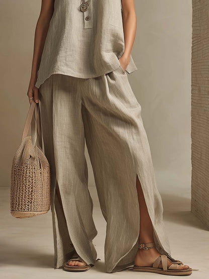 Retro Casual Beige Cotton Linen Round Neck Button-down Top And Slit Pants Set