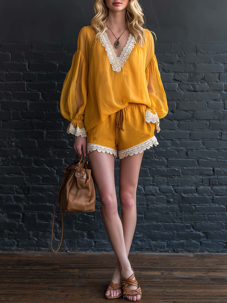 Retro Casual Bohemian V-neck Lace-trimmed Yellow Chiffon Top And Pants Set