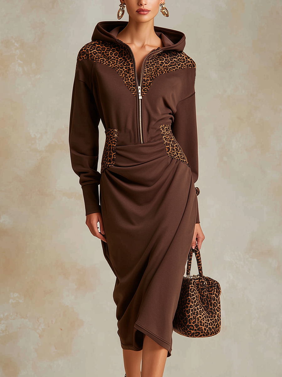 Classic Retro-chic Brown Knitted Leopard Print Patchwork Zipper Midi Dress