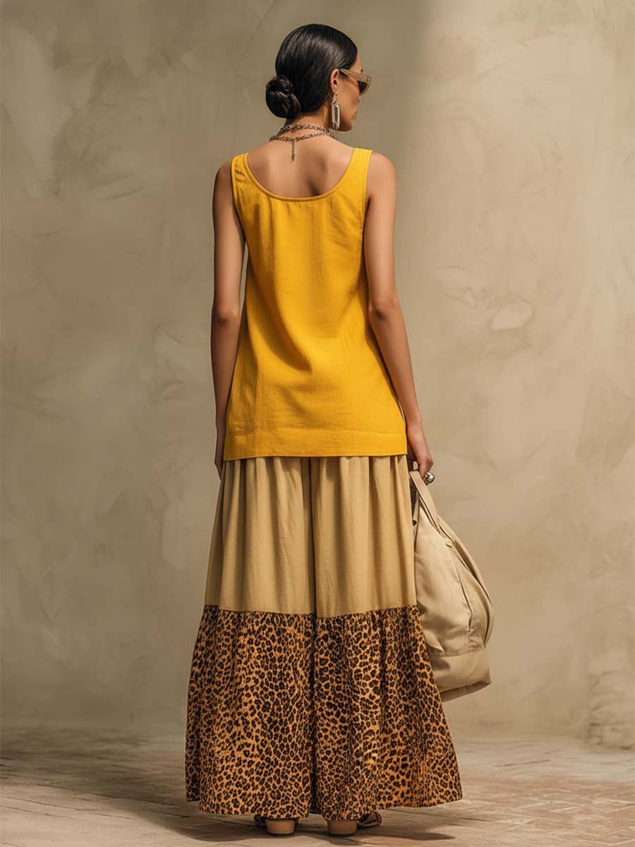 Retro Urban Yellow Cotton Vest And Leopard Print Chiffon Pants Set