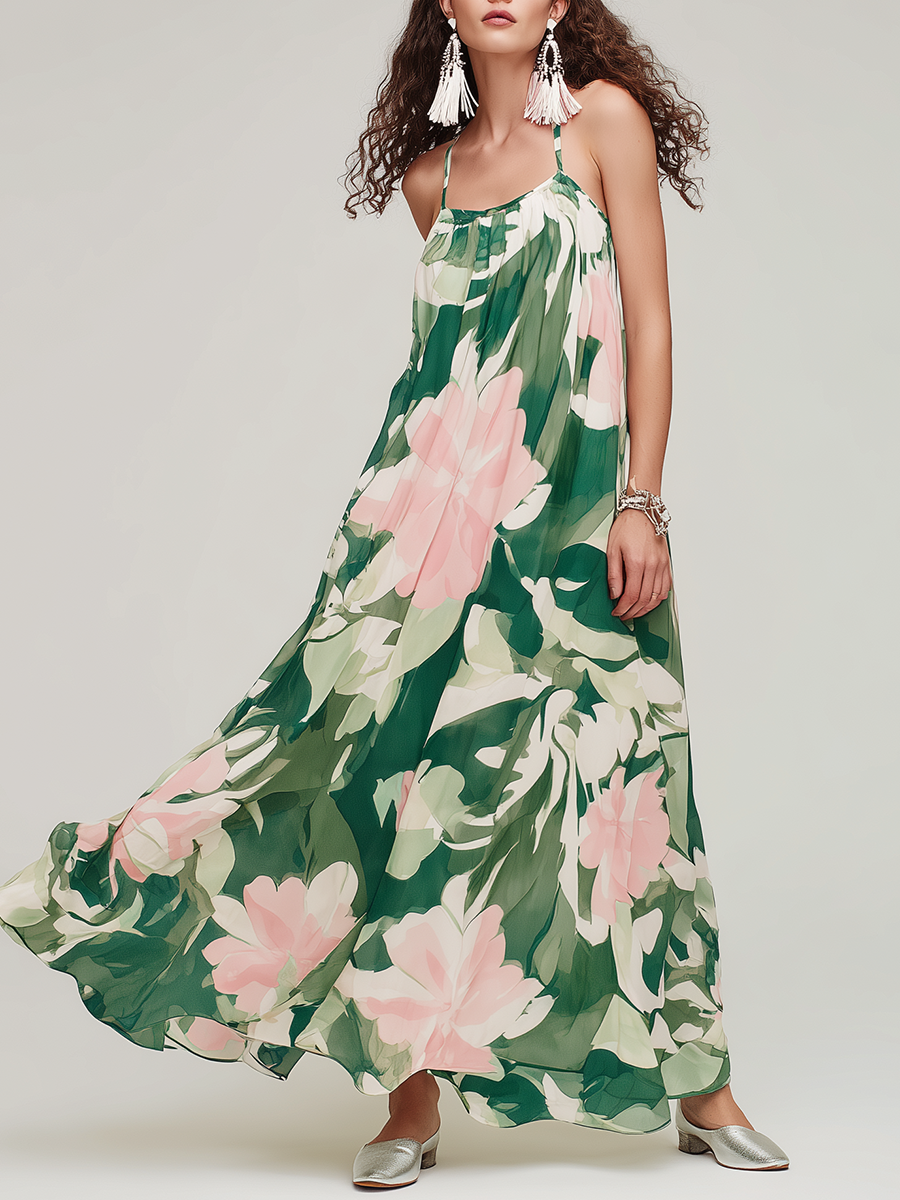 Vintage-inspired Fashionable Simple Loose-fitting Sleeveless Strappy Printed Chiffon Maxi Dress