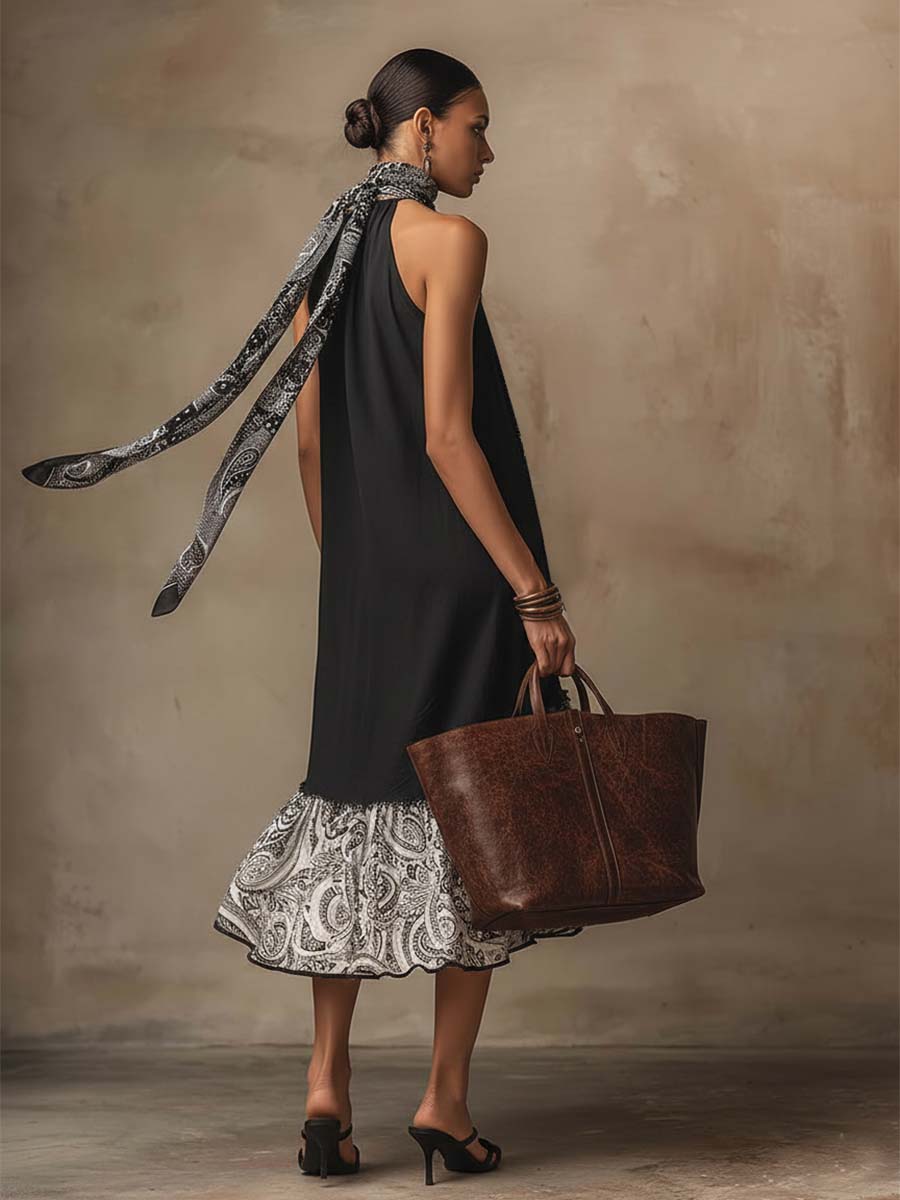 Elegant Retro Flowing Tie-neck Paisley Print Hem Midi Dress