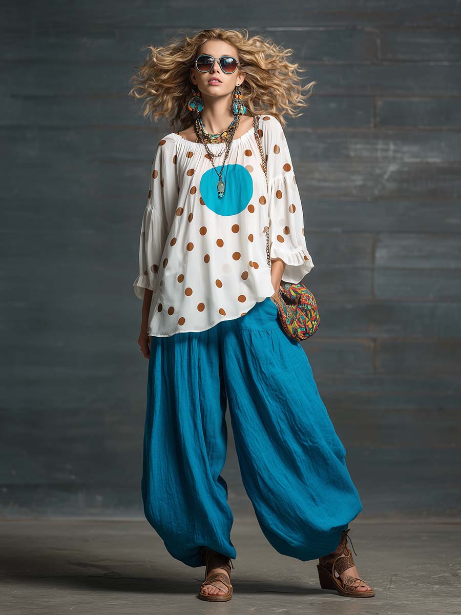 Retro Casual Urban Polka Dot Chiffon Top And Blue Cotton Linen Pants Set