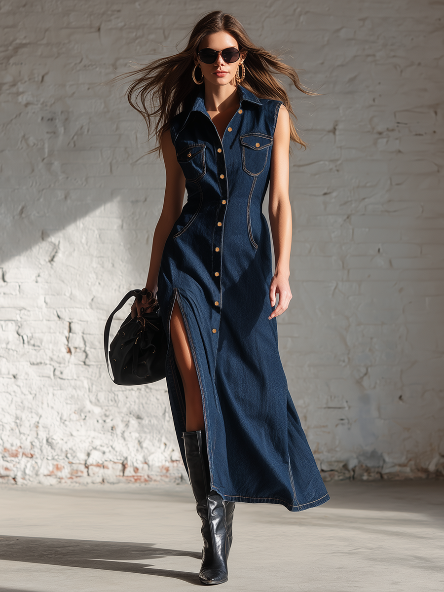 Stylish Simple Sleeveless Lapel Collar Front Button Closure Side Slits Visible Stitching Blue Maxi Dress