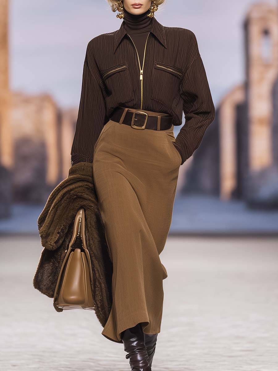 Exquisite And Fashionable Urban Brown Vertical Texture Lapel Front Zipper Top And Light Brown Skirt Set