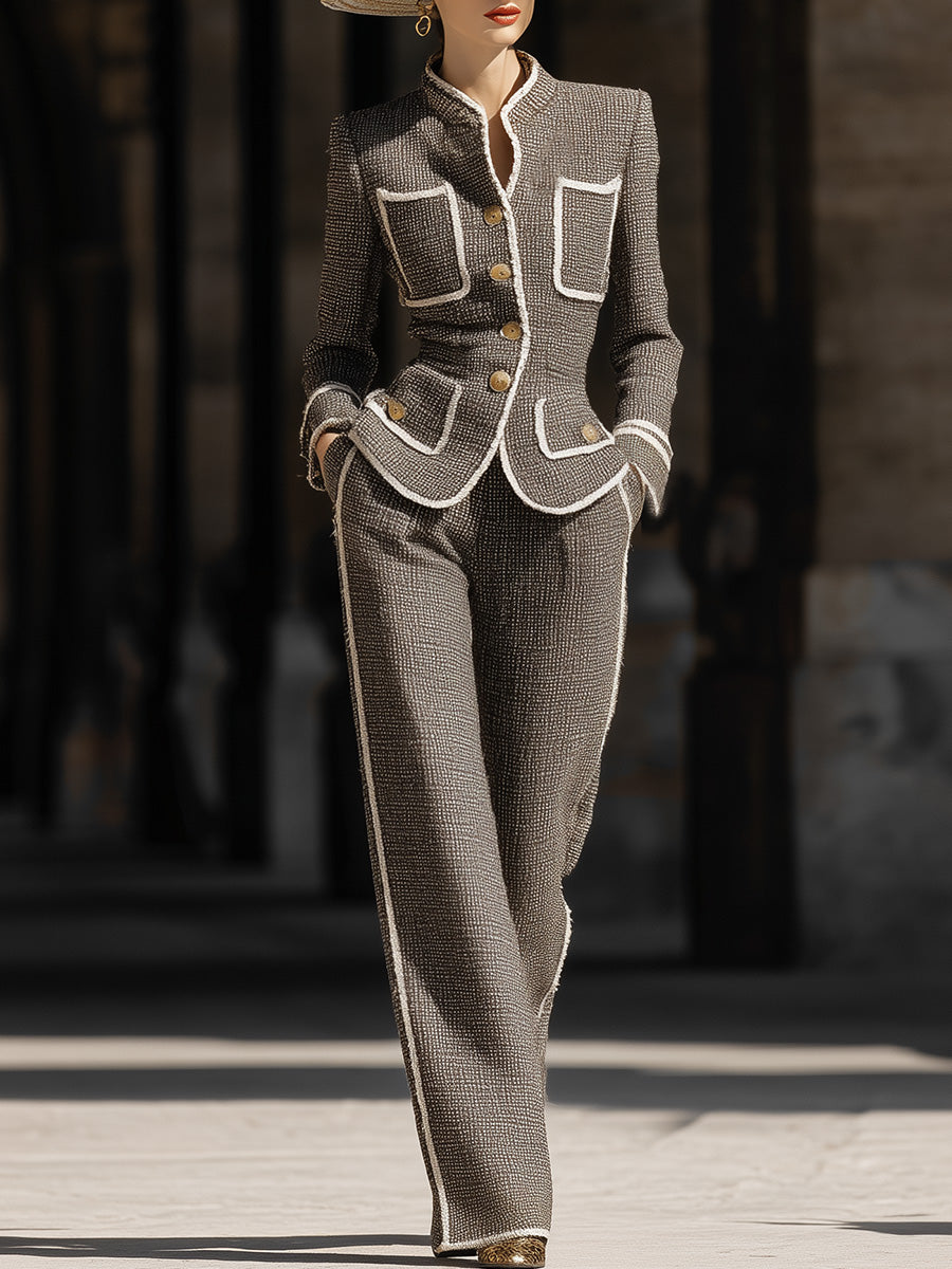 Sophisticated And Stylish Grey Tweed White Trim Jacket And Pants Set