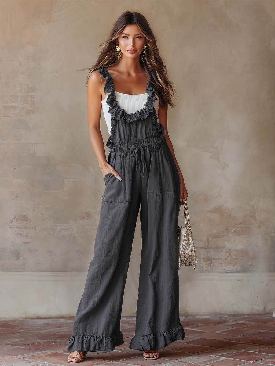 Retro Casual Bohemian Urban Style Ruffled Trim Dark Gray Cotton Jumpsuit Overalls