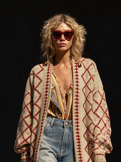 Vintage Classic Diamond Pattern Beige Cardigan Sweater