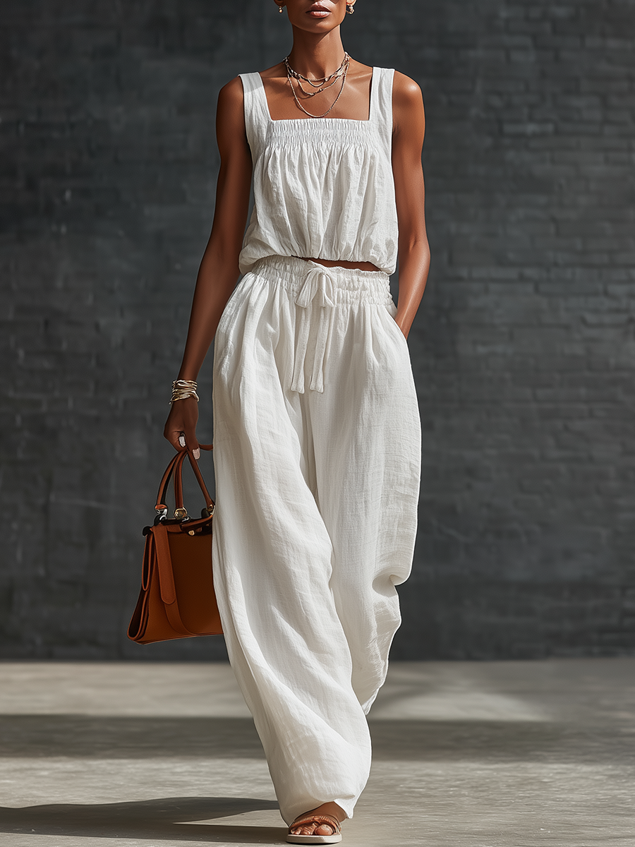 Stylish Sleeveless Square-Neck Gathered Hem Top And Drawstring Waist Wide-Leg Pants White Cotton Set
