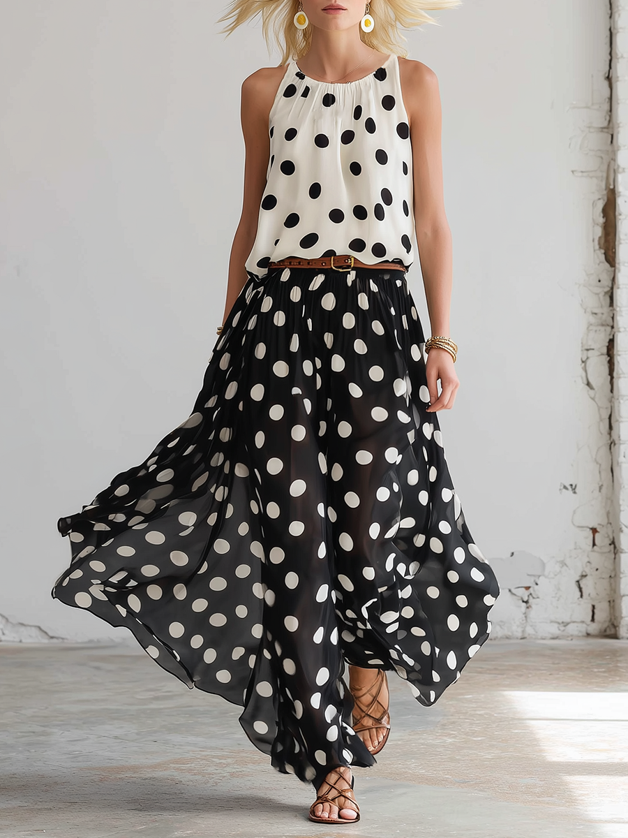 Stylish Black And White Polka Dot Chiffon Sleeveless Top And Skirt Set
