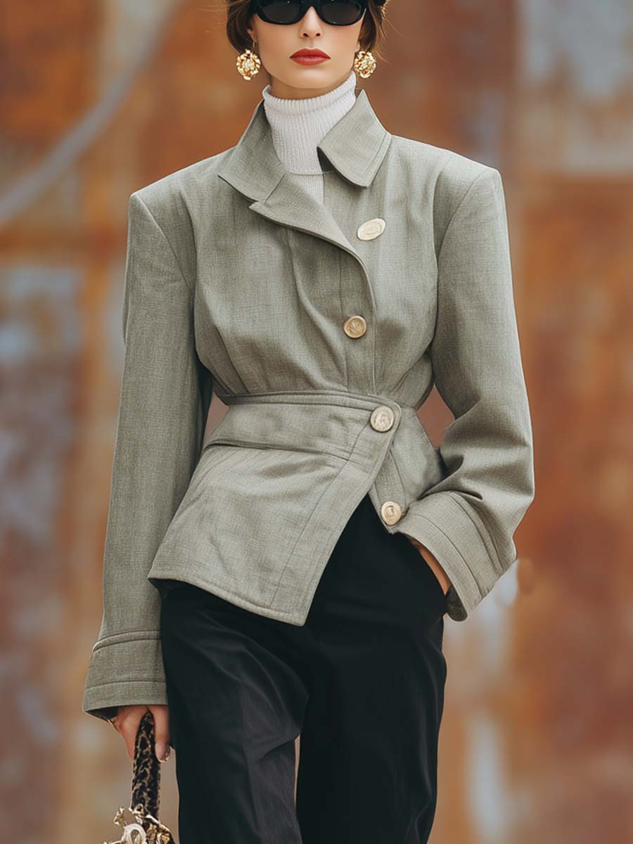 Retro Exquisite Street Lapel Slant Placket Khaki Short Coat