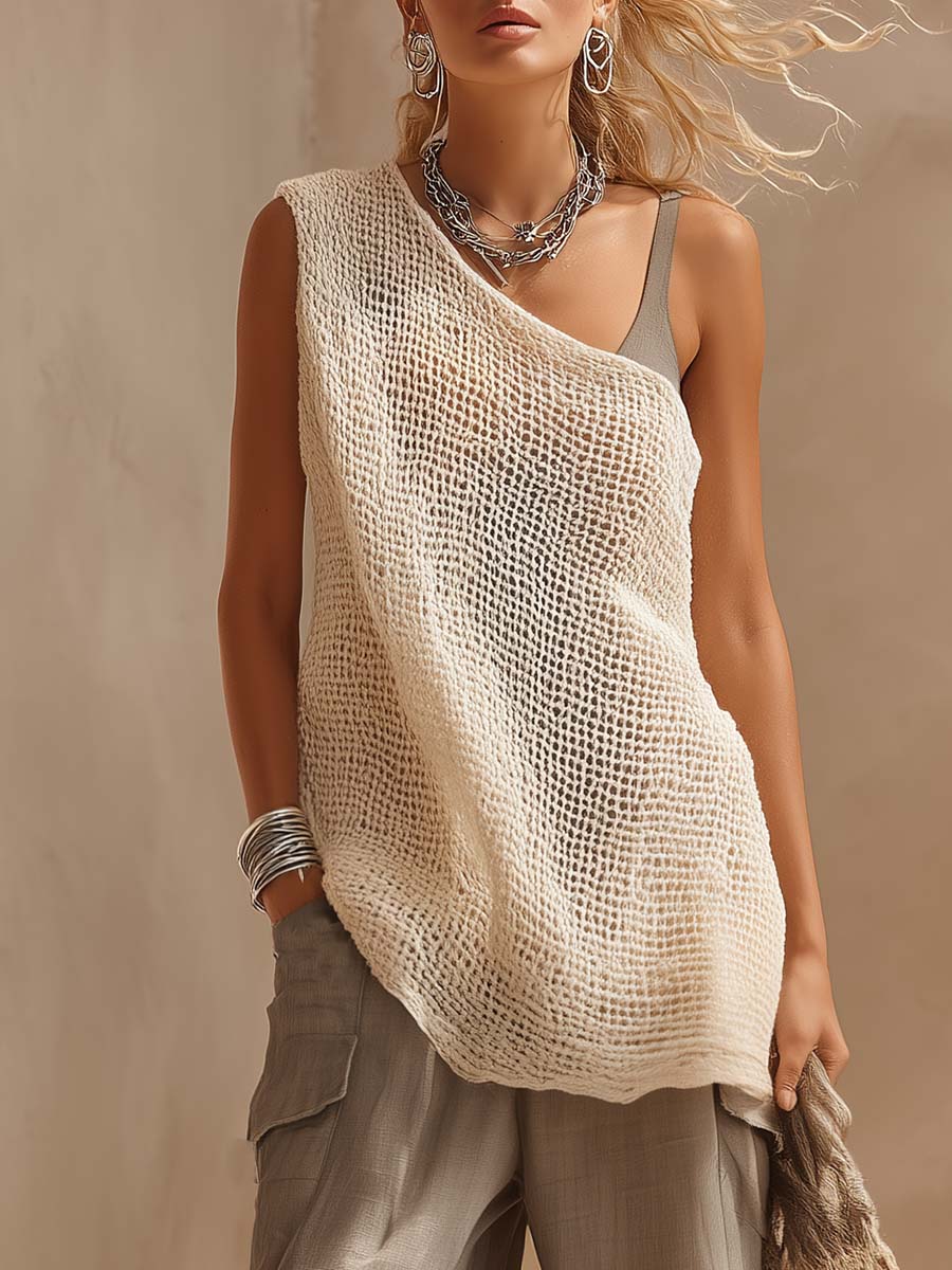 Casual Bohemian One-shoulder Openwork Knit Top And Gray Vest And Cotton Linen Pants Three-piece Set