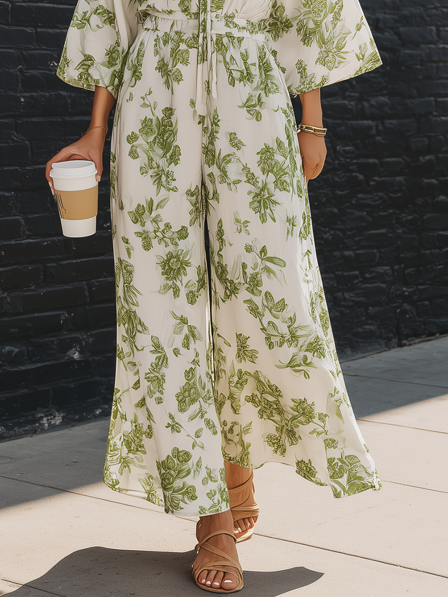 Resort Style White Chiffon Printed Bell Sleeve Top And Wide Leg Pants Set