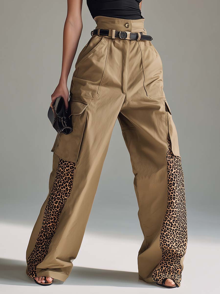 Casual Fashion Leopard Print Patchwork Khaki Cotton Cargo Wide-leg Pants