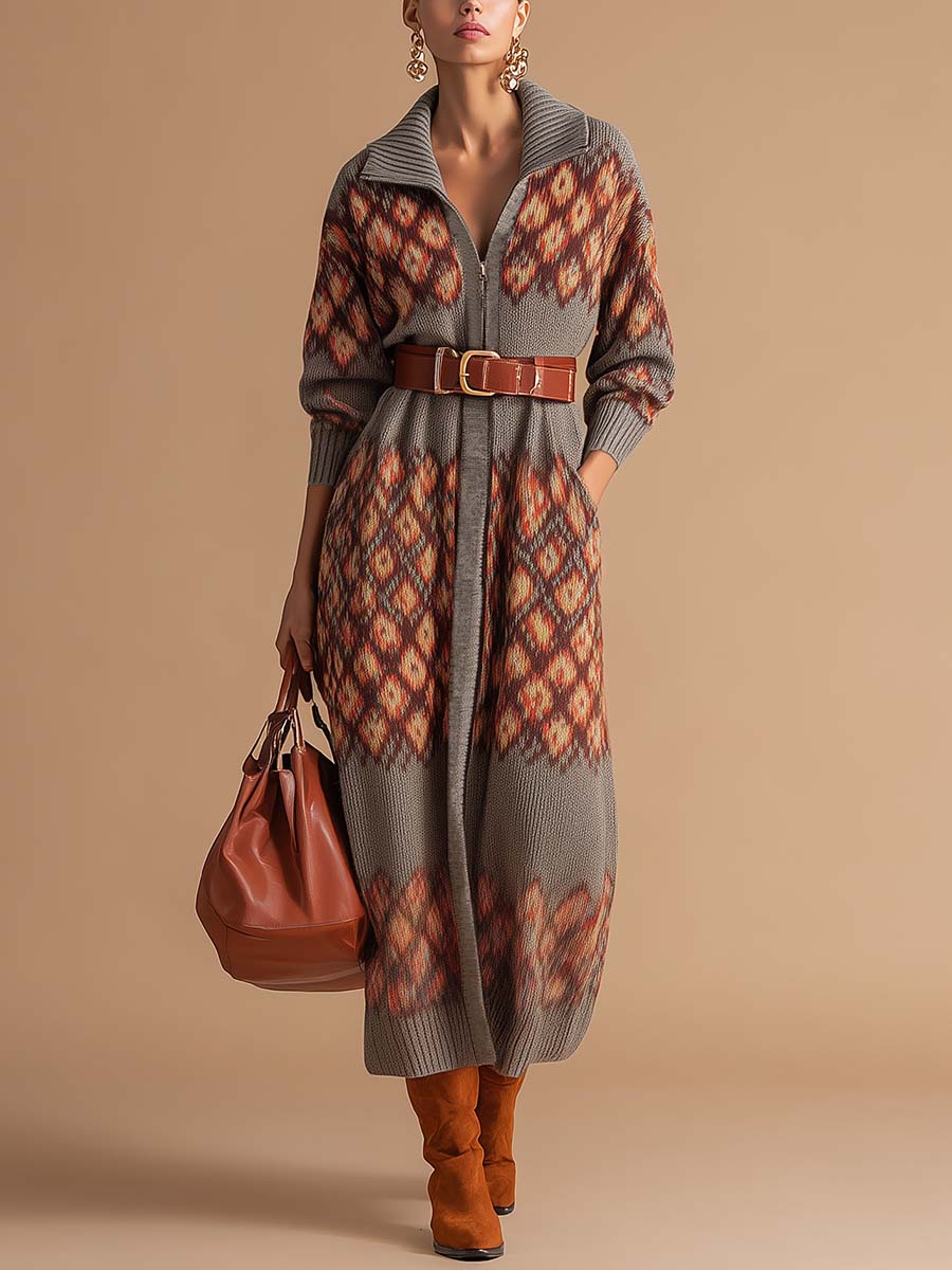 High-end Temperament Fashion Lapel Front Zipper Diamond Pattern Gray Knitted Maxi Dress