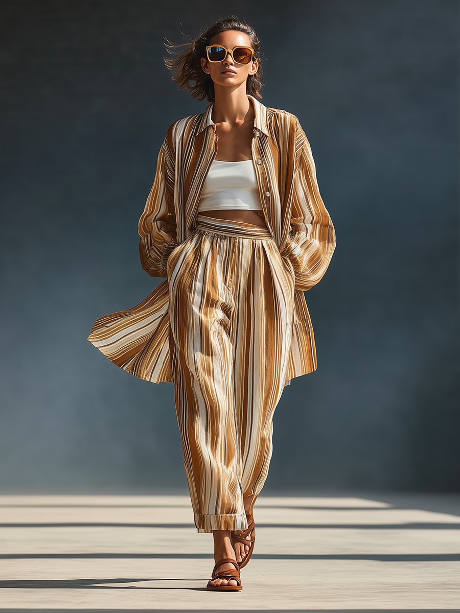 Stylish Simple Striped Loose-fitting Long-sleeved Front Buttons Collared Shirt And Wide-leg Trousers Set
