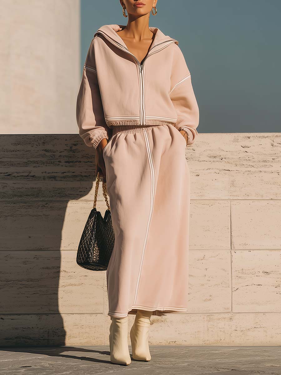 Exquisite Casual Urban Light Pink Sports Cotton Hooded Front Zipper Jacket And Long Skirt Set