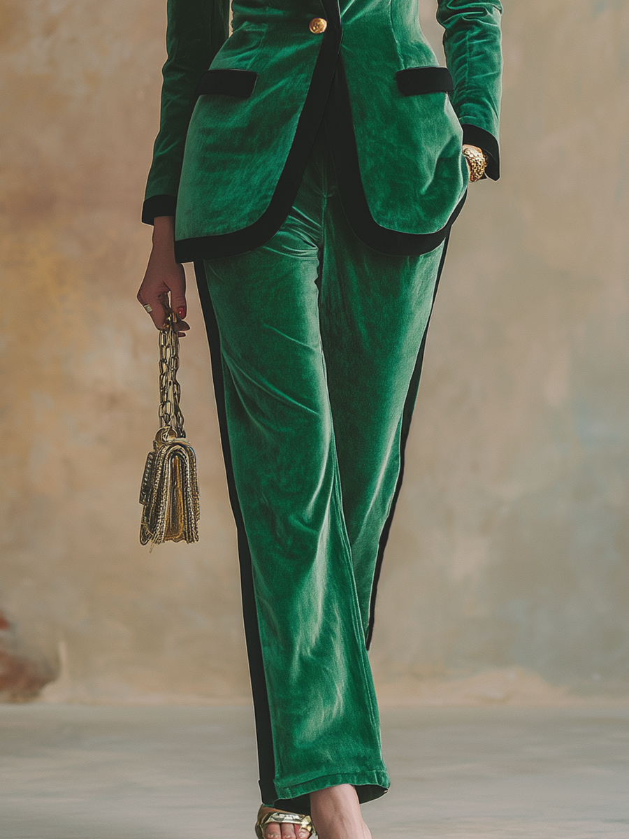 Retro-chic Urban Style Green Velvet With Black Piping Elastic Waist Pants