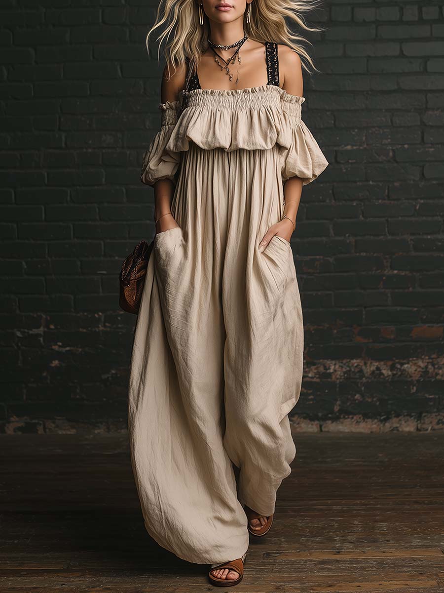 Retro Casual Off-shoulder Lace-strap Beige Cotton-linen Jumpsuit