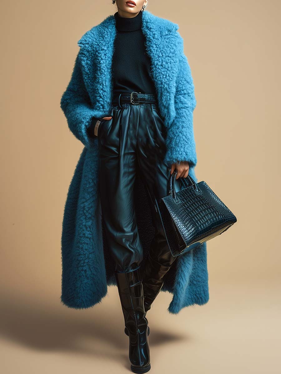Retro fashion blue loose polar fleece coat