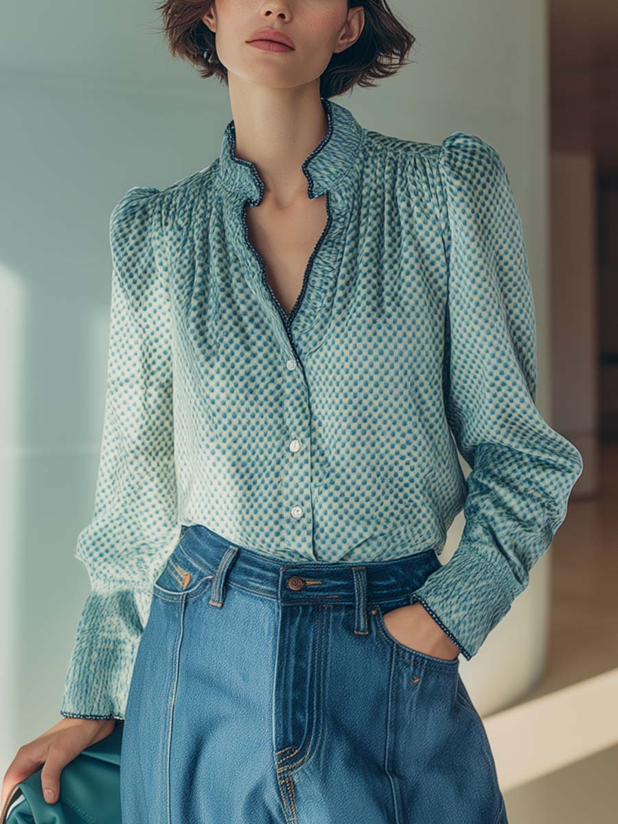 Retro Fashion V-neck Front Button Light Blue Velvet Fish Scale Print Shirt