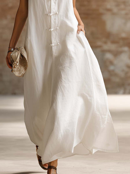 Retro Casual Urban Front-opening Button White Cotton Linen Maxi Dress
