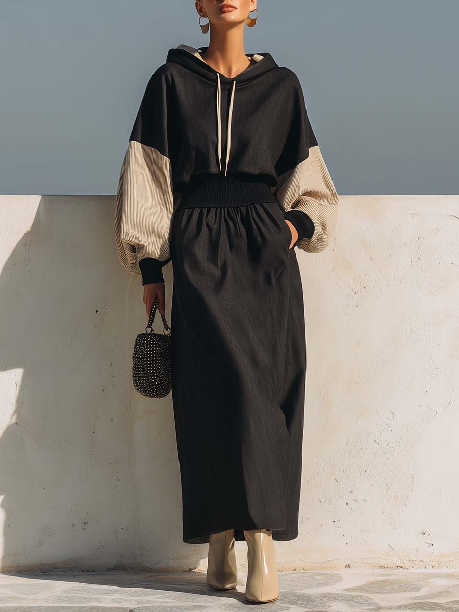 Exquisite Casual Sports Street Hooded Beige Sleeves Black Cotton Maxi Dress