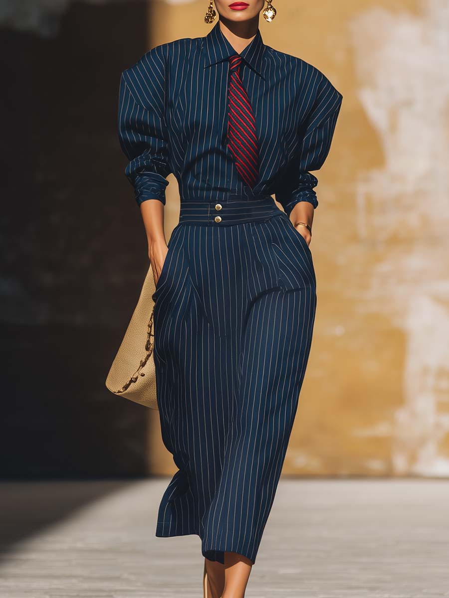 Vintage Fashion Wide Shoulder Long Sleeve Red Tie Navy Blue Striped Midi Dress