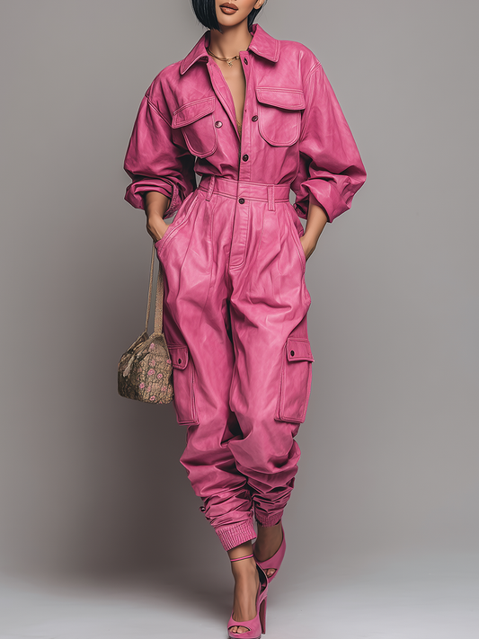 Vintage Street Style Leather Cargo Jumpsuit