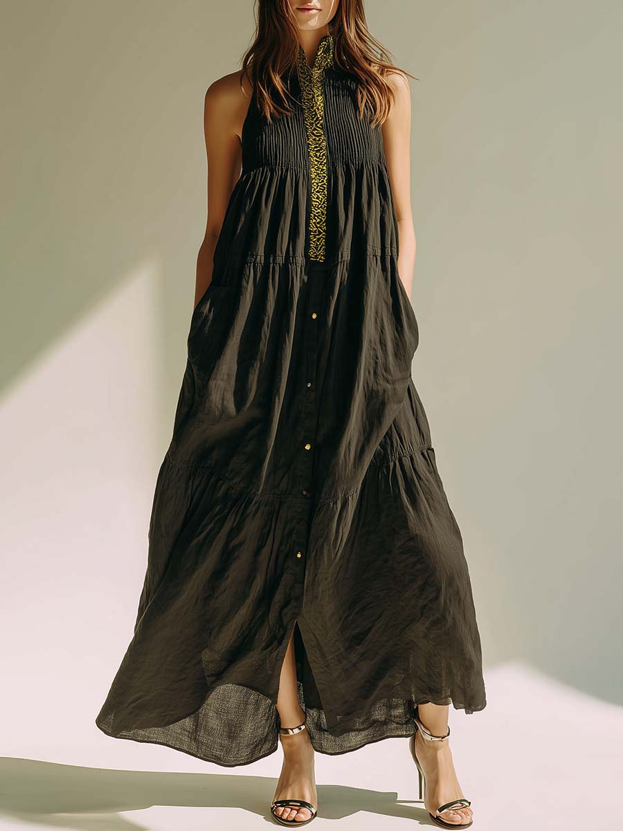 Exquisite Fashion Flowing Gold Embroidered Stand-up Collar Black Cotton And Linen Maxi Dress