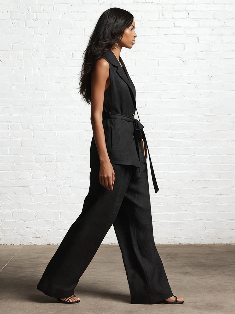 Casual Black Linen Sleeveless Top With Lapel And Tie Closure And Wide Leg Pants Set