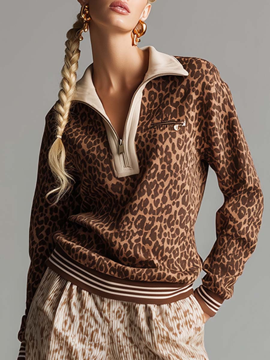 Vintage Fashion Leopard Print Zipper Neck Velvet Pullover