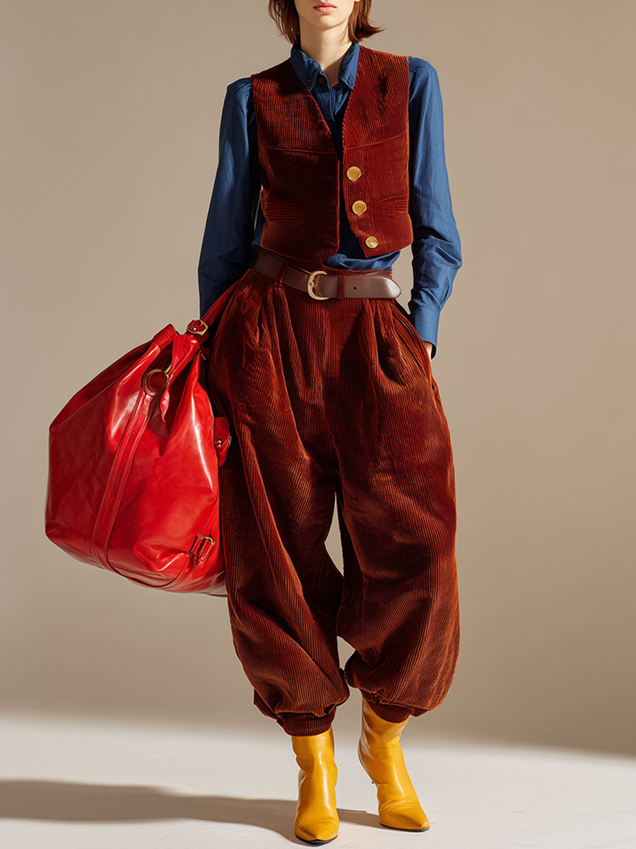 Retro And Fashionable Reddish Brown Corduroy Vest And Bloomers Set
