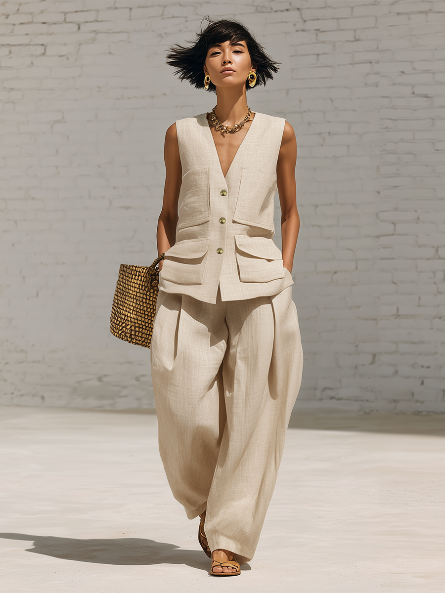 Casual Beige V-neck Button Up Linen Vest And Wide Leg Pants Set