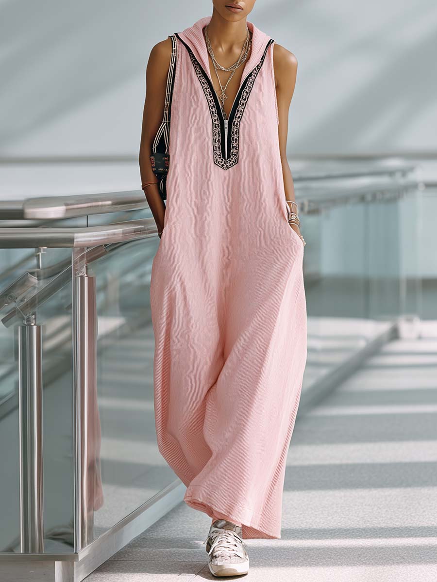 Retro Casual Loose Hooded Embroidered V-neck Front Zip Light Pink Knitted Maxi Dress