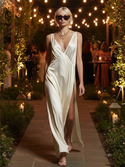 Fashionable And Classic Sleeveless V-neck Backless Side-slit White Satin Maxi Dress