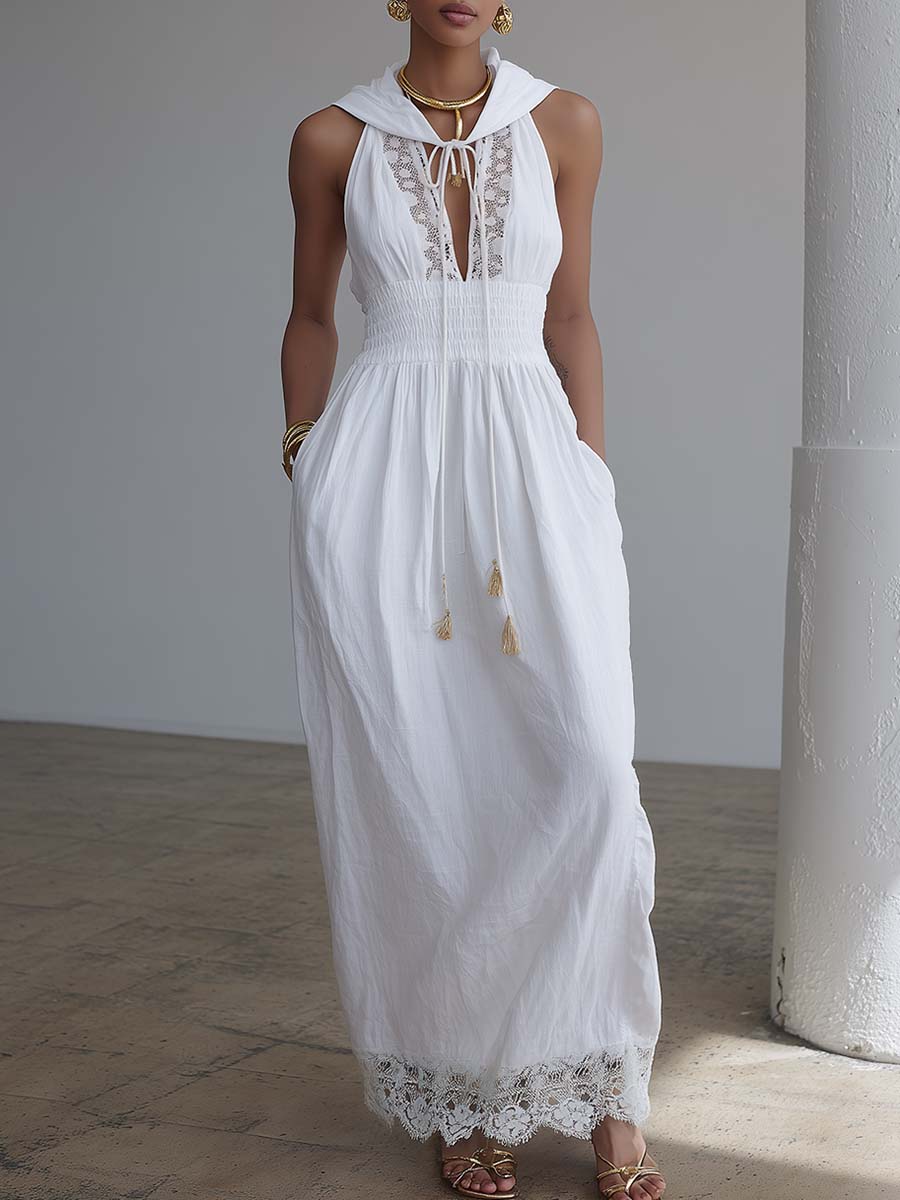 Elegant Fashion Bohemian Hooded Lace V-neck Hooded White Cotton And Linen Maxi Dress