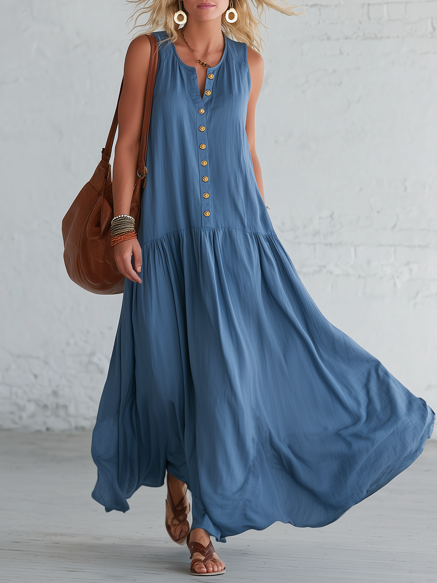 Casual Blue Cotton Linen Sleeveless Button Maxi Dress