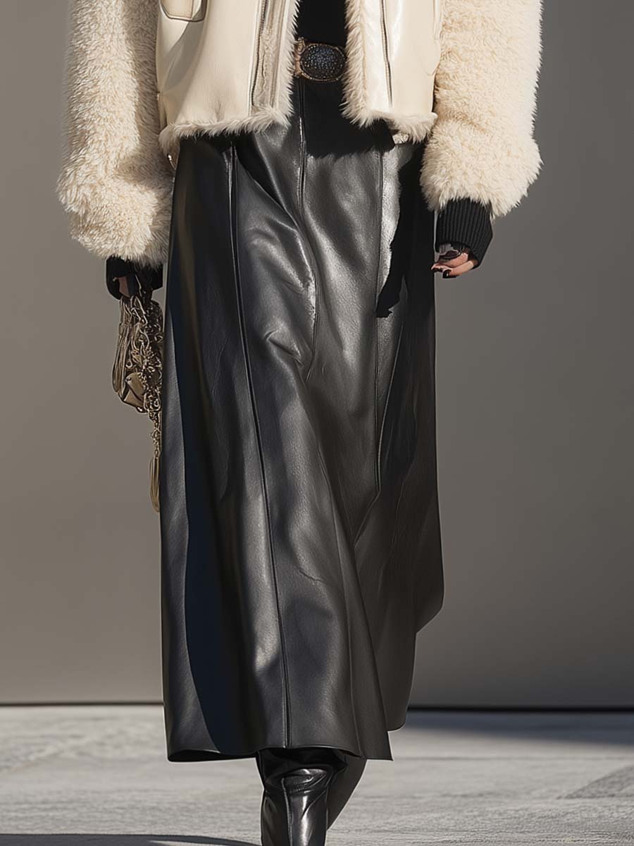 Fashionable Sophisticated Urban Versatile Black Straight Faux Leather Long Skirt