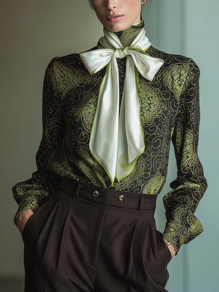 Elegant And Versatile Black And Green Retro Print High Collar And Detachable Ribbon Satin Blouse