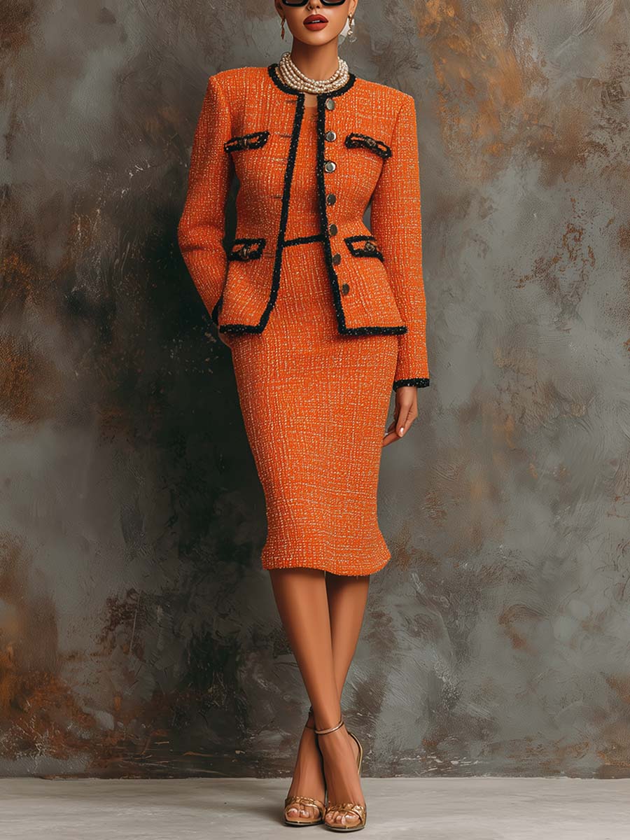 Retro Versatile Orange Tweed Black Trim Jacket And Midi Dress Set