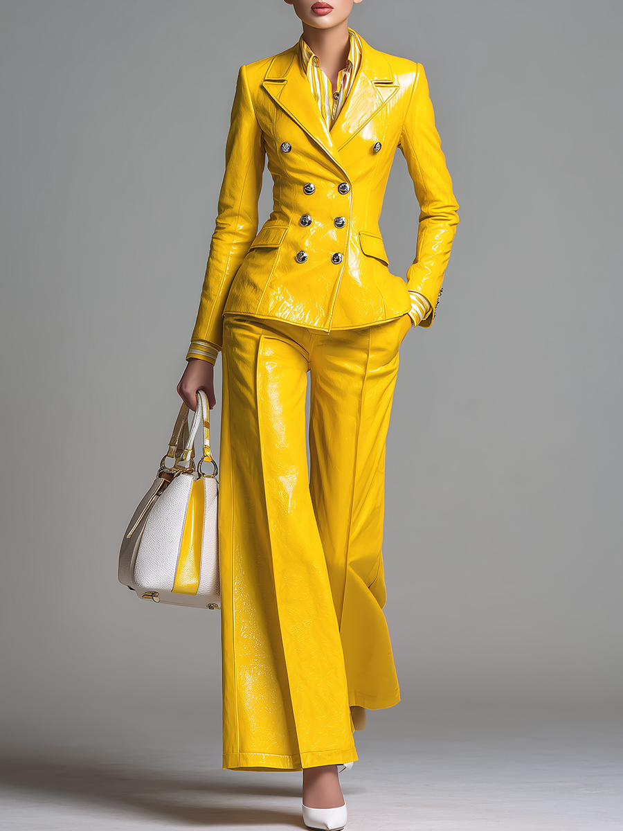 Stylish Double-breasted Faux Leather Blazer And Wide-leg Pants Set