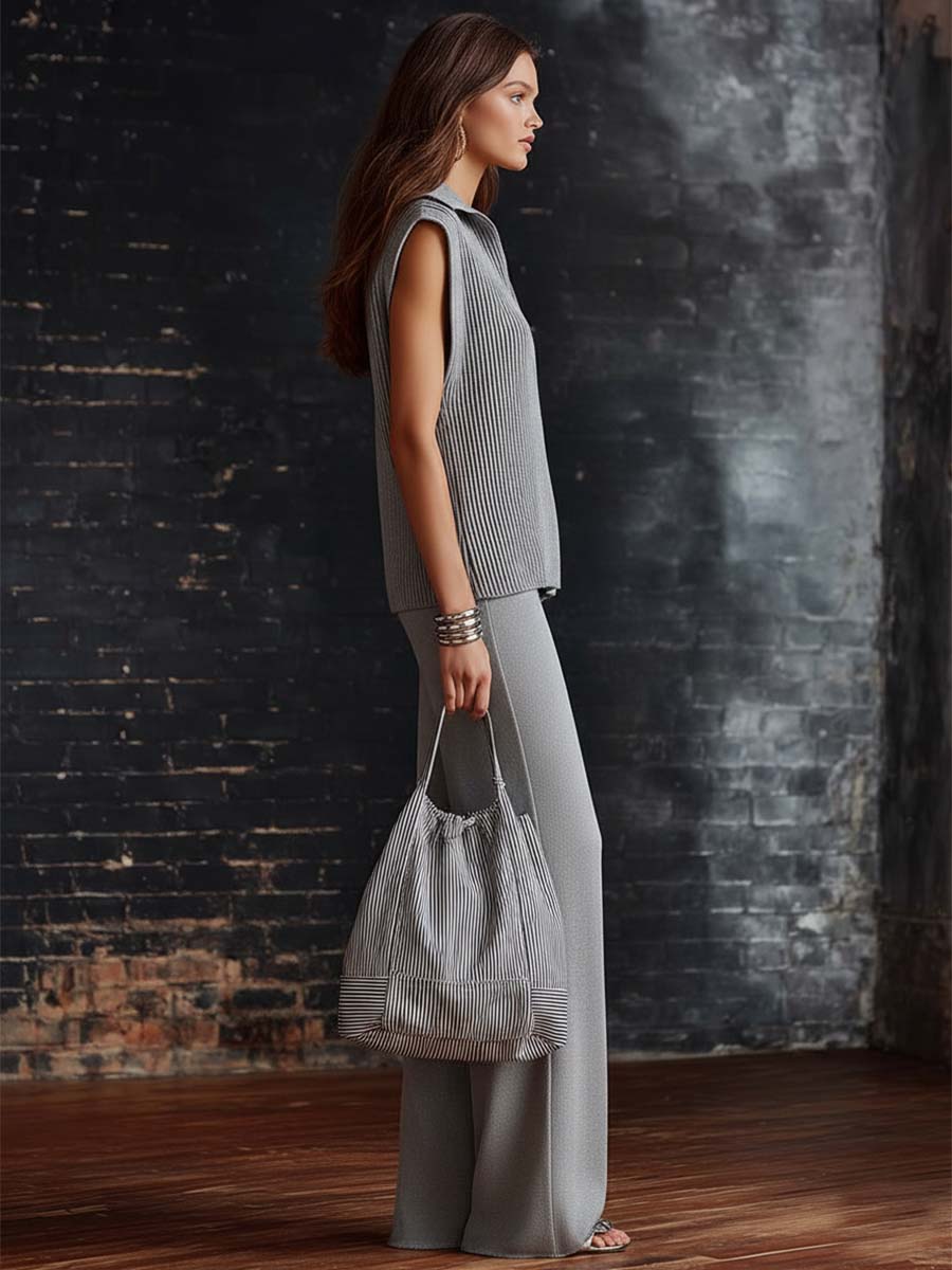 Casual Fashion Urban Style Gray Knitted Lapel Front Zipper Top And Pants Set