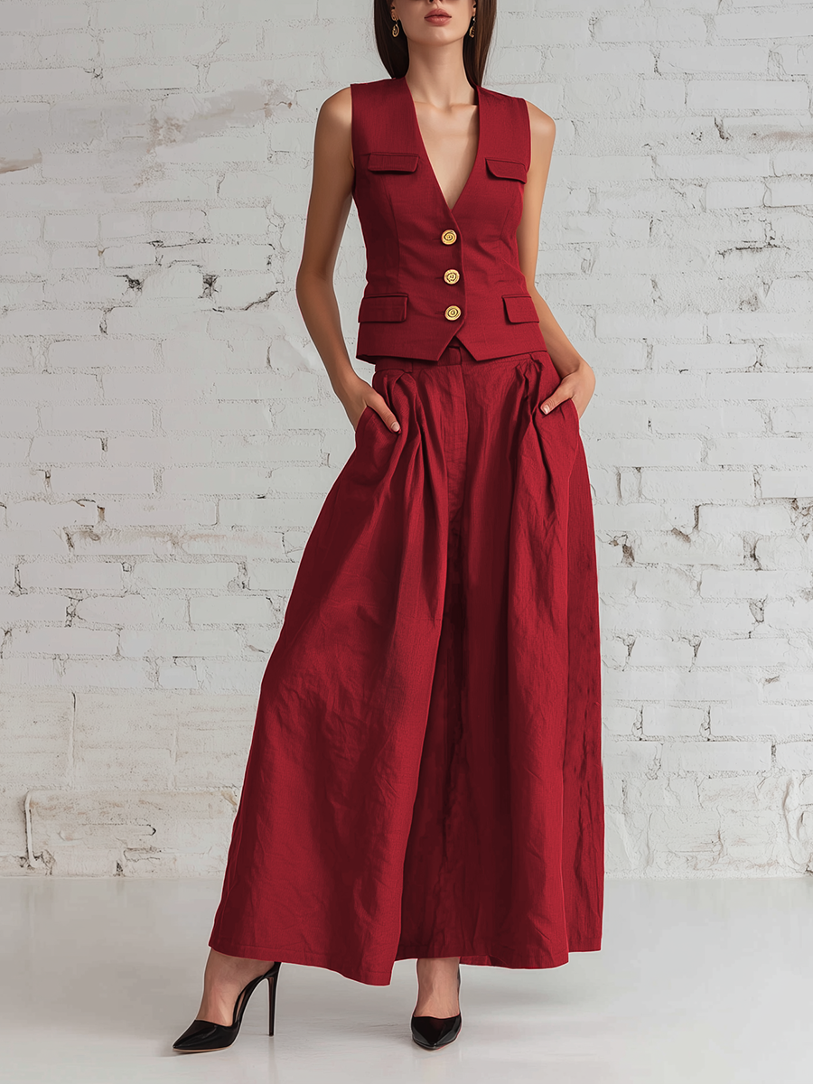Retro-style Loose-fitting Sleeveless V-neck Front Buttons Pockets Top  And Pleated Long Skirt Red Cotton Set