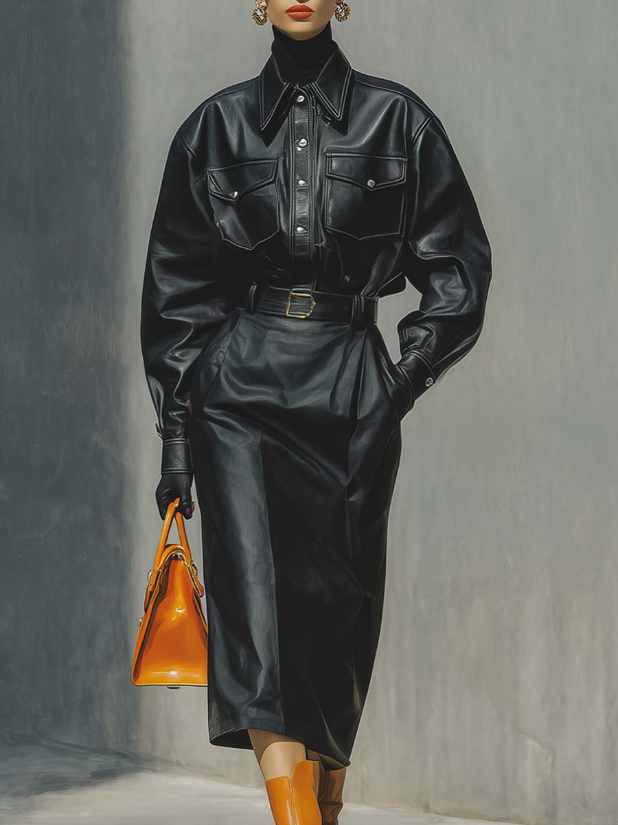 Elegant And Stylish Urban Black Leather Button-front Jacket And Skirt Set