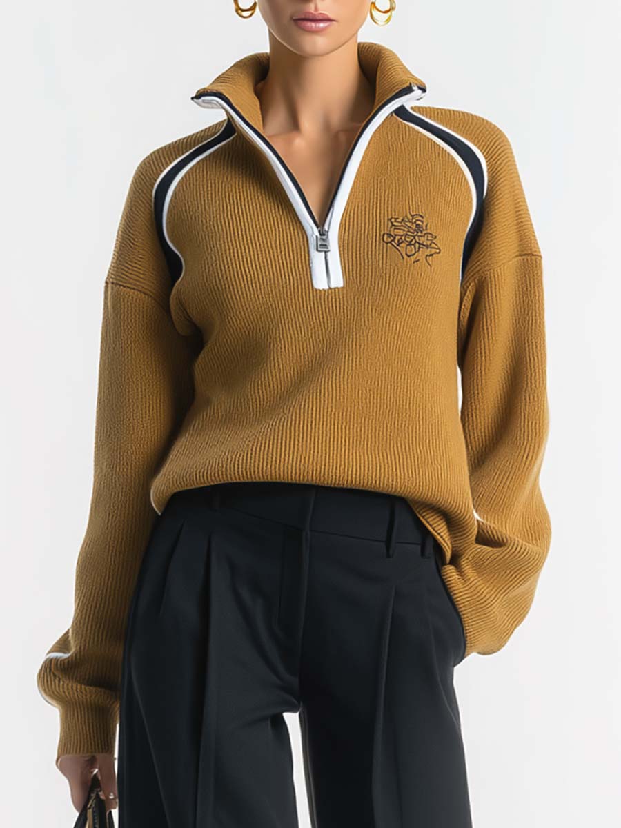 Retro Fashion Sports Lapel Contrast Front Zipper Ginger Knitted Pullover Top
