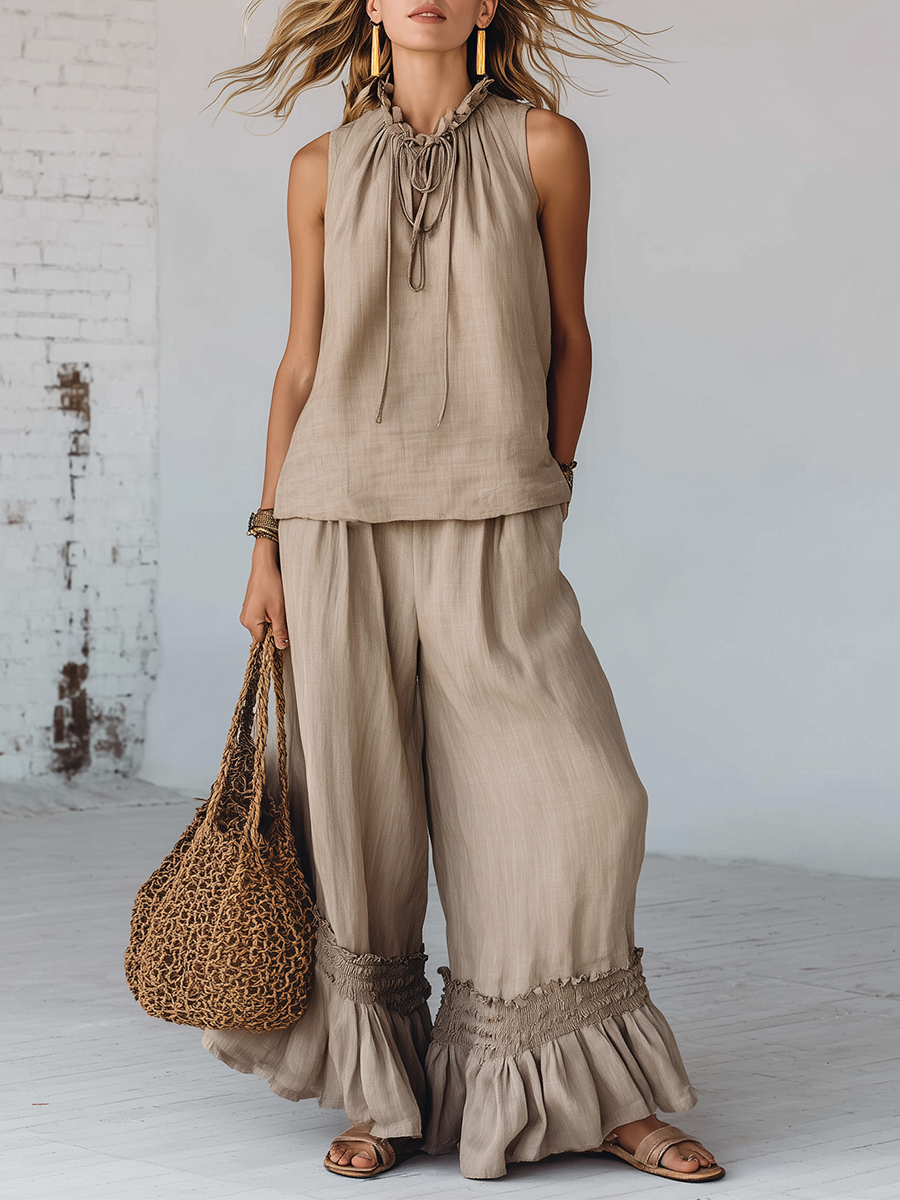 Stylish Beige Cotton Linen Ruffled Tie Waist Sleeveless Top And Wide Leg Pants Set