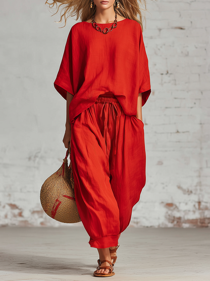 Casual Red Cotton And Linen Batwing Sleeve Top And Wide Leg Pants Set