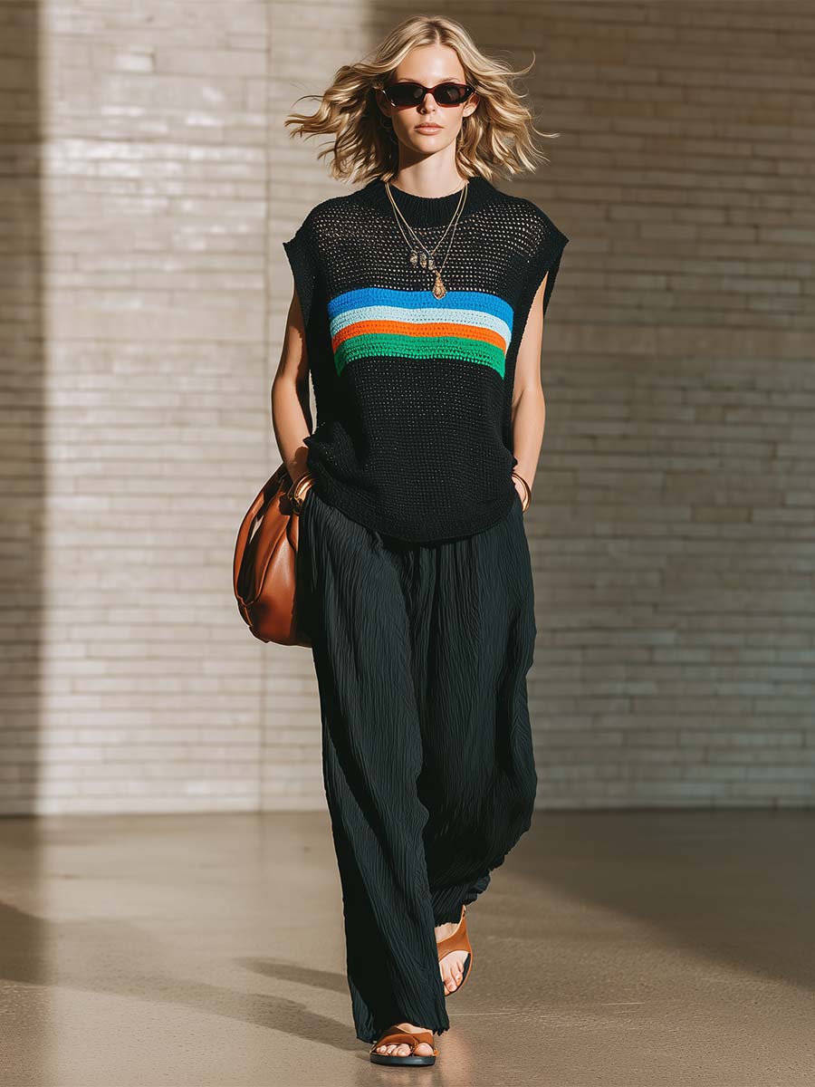 Retro Casual Urban Black Openwork Knit Top And Textured Pants Set